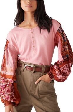 Free People Light Magic Henley Top Women's Blouse XS Pink Floral Peasant Boho